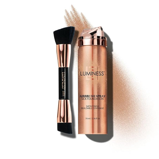 LUMINESS Silk Airbrush Spray Foundation & Buffing Brush Kit – Full Coverage Foundation & Dual-Sided Buffing Brush - Buildable Coverage, Anti-Aging Formula Hydrates & Moisturizes (Shade - Light Tan)-VivaGrace Women