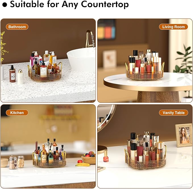 Awenia Rotating Makeup Organizer 360, Stackable Adjustable Large Capacity Cosmetic Storage Unit,Dresser Bathroom Kitchen Countertop Organizer with Metal Handle, Plus Size (Honorable Gold, 1 Tier)-VivaGrace Women