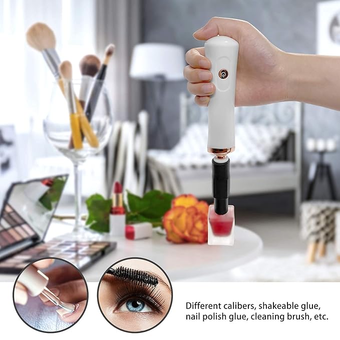 Nail Lacquer Shaker, Nail Polish Mixer, Portable Electric Eyelash Glue Shaker with 2 Connectors and 8 Sizes of Caliber Liquid Evenly Mixer for Eyelash Extension Lash Glue Ink (White)