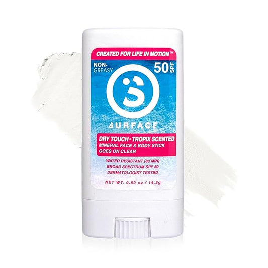 Surface Mineral Face Sunscreen Stick, Dry Touch SPF 50, Broad Spectrum UVA UVB Sun Protection for Kids and Adults, Travel Friendly, Water Resistant for 80 Minutes, Tropical Scent, 0.5oz-VivaGrace Women