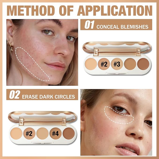FOCALLURE #GoldenAge 5 in 1 Multi Uses Concealer Palette, 5 Colors Correcting Conceal Palette, Camouflage Contour Palettes for Dark Circles, Face Contouring Highlighter Pallet, NE02 MEDIUM-DEEP