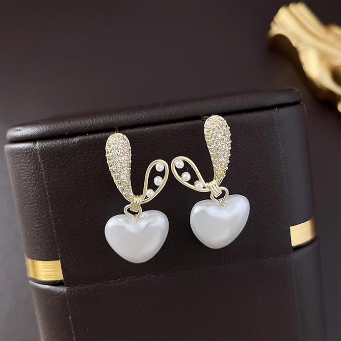 Vintage Crystal Pearl Heart Dangle Earrings Rhinestone Pearl Drop Earrings Gold Cz Pearl Stud Earrings Heart Love Earrings Jewelry for Women-VivaGrace Women