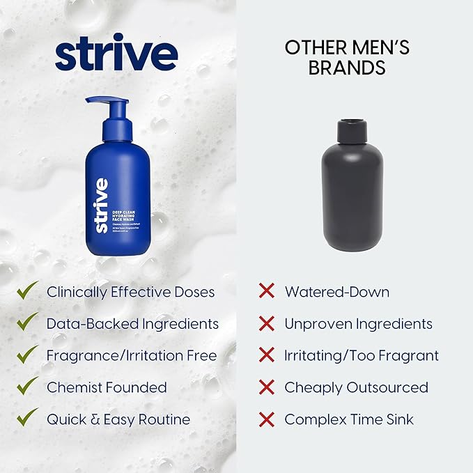 Strive Hydrating Men's Face Wash - Deep Cleans Pores, Exfoliates & Brightens - Refreshing Aloe Vera, Hyaluronic Acid & Niacinamide - Fragrance Free Men's Skincare - 200ml-VivaGrace Women