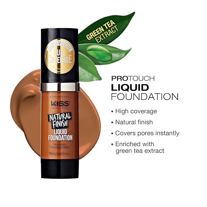 Kiss New York Professional Liquid Foundation - Lightweight and Hydrating Formula, Natural Finish, Control Shine, Cover Pores, Medium to Full Coverage, Green Tea Extract (Maple)-VivaGrace Women