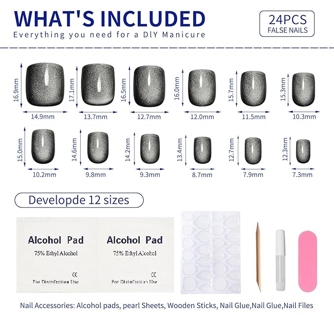 Cat Eye Short Square Press On Nails, Ethereal Glow in a Dewy Gray-to-White Gradient, Glossy Gel Finish Acrylic Nails Press Ons Short, Thick Natural Reusable Glue On Nails For Women, Dewy Grey