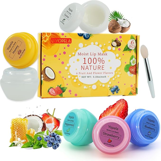 6 Pack Cute Lip Mask Sleeping Overnight for Dry Lips with Coconut Oil and Beeswax -Smoothing Hydrating Softening Plumoing Moisturizing with Small Lip Brush 6 Flavors 0.18 oz-VivaGrace Women