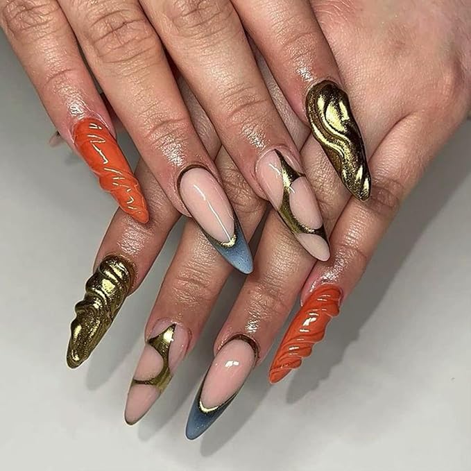 Press on Nails Medium Almond Fake Nails with 3D Swirl Designs Glossy Glue on Nails Gold Glitter Acrylic Nails Luxury Artificial False Nails for Women