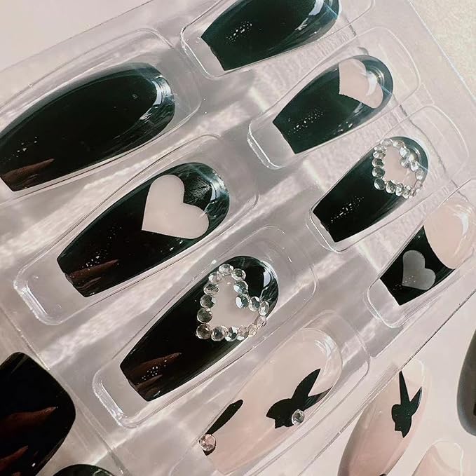 Long Heart Press on Nails Square Coffin Fake Nails with Love Diamond Glitter Design - Black French Tip Press on Nails Long Heart False Nails Artificial Nail for Women Girls Decorations 24pcs
