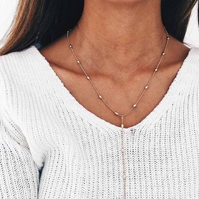 Bohemia Layered Y Lariat Choker Necklace Long Rhinestone Tennis Chain Necklace Floating Pearl Choker Necklace Gold Y Drop Necklace Chain Jewelry for Women and Girls-VivaGrace Women