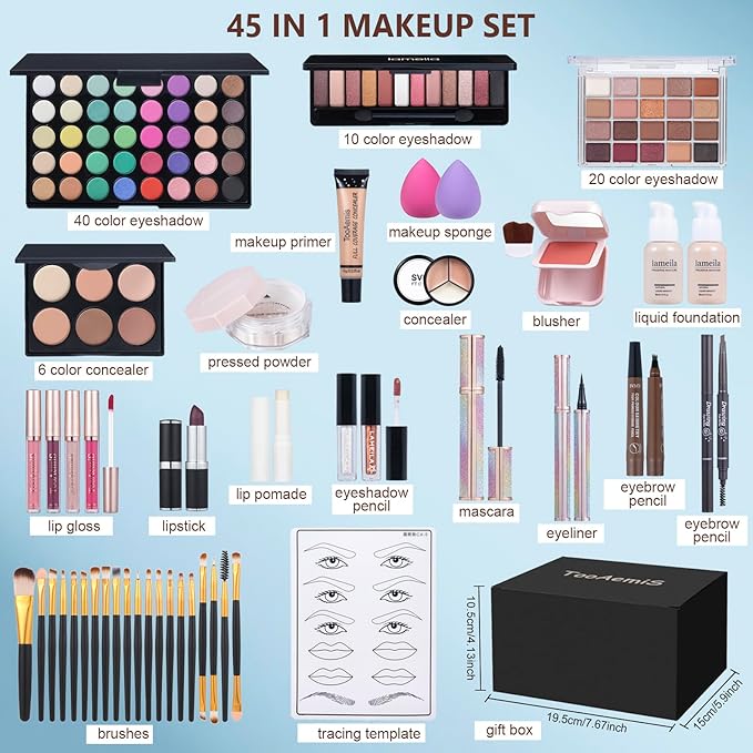 All in One Makeup Kit Makeup Kit for Women Full Kit Multipurpose Makeup ,eyeshadow、 liquid foundation,Loose powder,Eyebrow pencil,4-color lip gloss set-VivaGrace Women