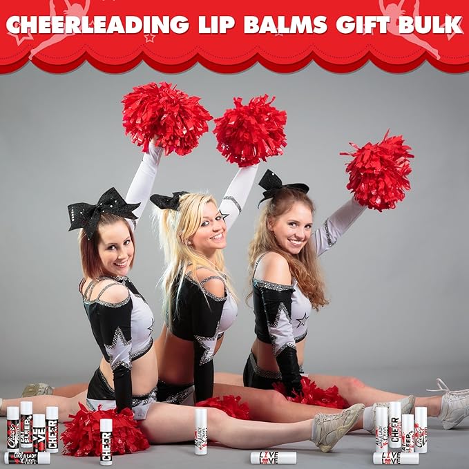50 Sets Cheer Gifts Bulk 50 Cheer Lip Balm Bulk Moisturizing with 50 Organza Drawstring Gift Bags 50 Tags Cheerleader Gifts Cheer Gifts Bulk for Team (Red)-VivaGrace Women