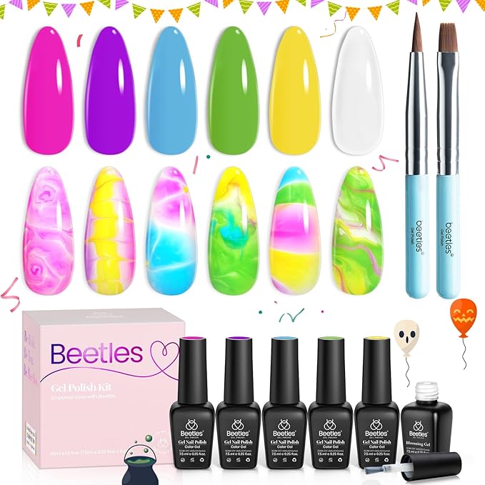 Beetles Halloween Gel Nail Polish with Blooming Gel, 5 Colors Neon Pink Green Blue Purple Yellow Nail Polish Clear Blooming Polish for Spreading Effect with 2 Nail Art Brushes Nail Art Set for Women-VivaGrace Women
