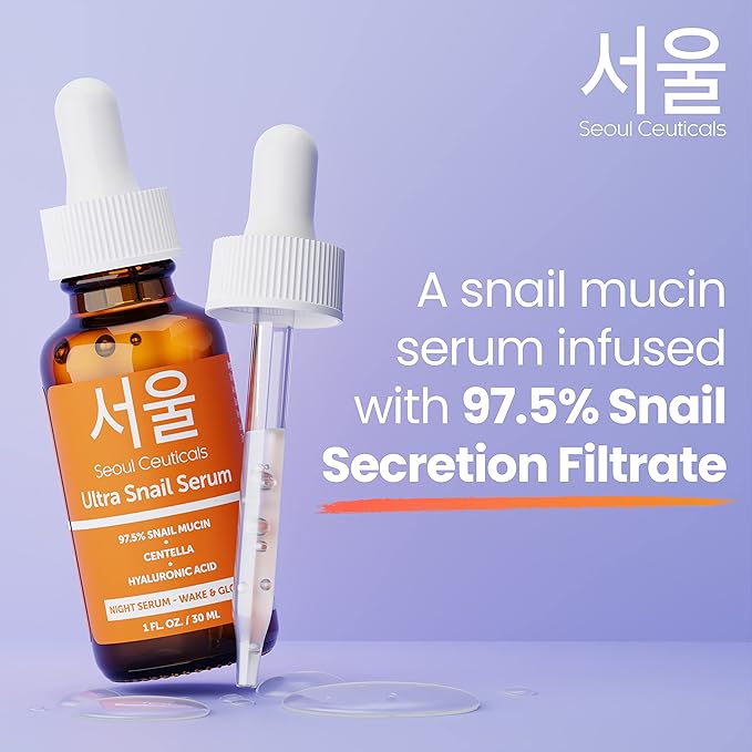 SeoulCeuticals Korean Skin Care 97.5% Snail Mucin Serum – K Beauty Skincare Night Serum Hyaluronic Acid for Face - Centella Anti Wrinkle Serum 1oz-VivaGrace Women