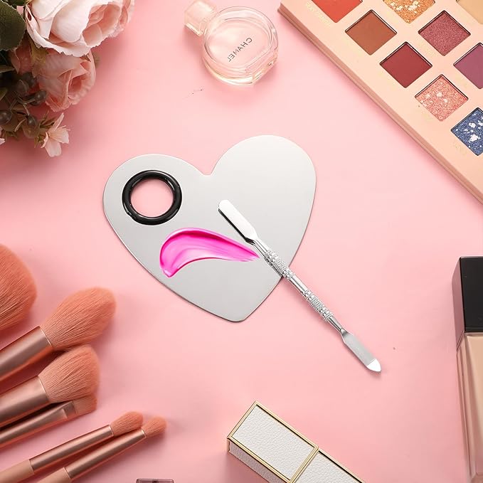 2 Pcs Stainless Makeup Mixing Palette,Tool for Mixing Foundation Nail-Art,Palette with A Stick,Storage Bag,Beauty Salon Color Cream Mixing Palette,Makeup Artist,Makeup Enthusiast (Heart Shaped)-VivaGrace Women