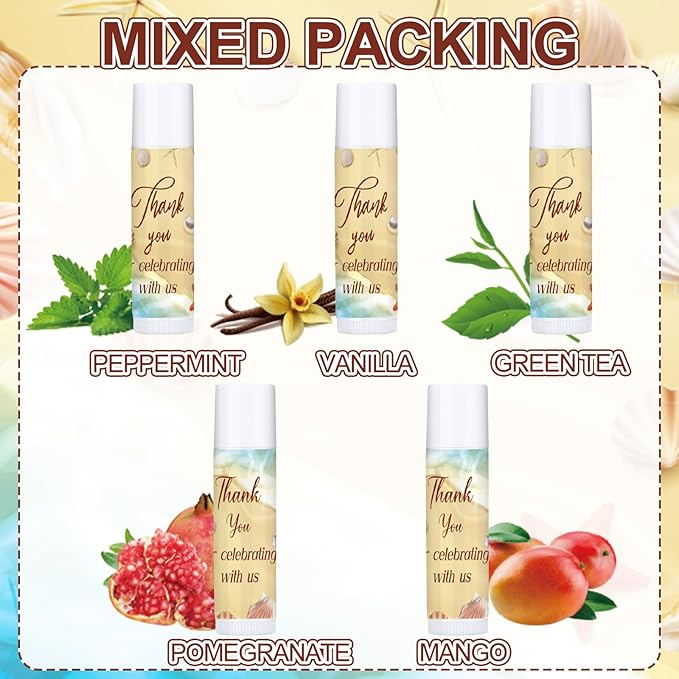 Dunzy 50 Pcs Thank You Gift Lip Balm Bulk Baby Shower Party Favors Bridal Shower Favor Lip Care with Assorted Fruit Flavors Thank You Lipstick for Guest Basket Gift Stuffer (Summer Beach)-VivaGrace Women