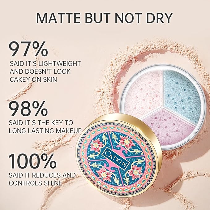 CATKIN Poreless Finish Loose Setting Powder Makeup, Translucent Natural Shimmer Finishing Makeup for All Skin Tones, 3 Colors Even Skin Tone – 0.42 oz Includes Velour Puff-VivaGrace Women