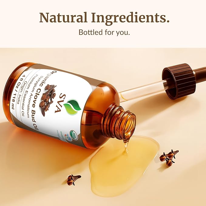 SVA Clove Essential Oil Organic – 4 Fl Oz – 100% Natural Organic Clove Oil - for Diffuser, Hair Care, Face, Skin Care, Aromatherapy, Scalp and Body Massage, Soap and Candle Making - with Dropper-VivaGrace Women