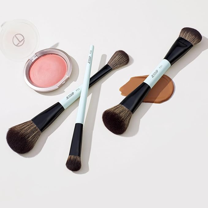 Jessup Face Makeup Brushes Blue 3pcs Double Ended Makeup Brush for Foundation Contour Blush Highlight and Concealer Brush, Premium Synthetic Brush Set T503-VivaGrace Women