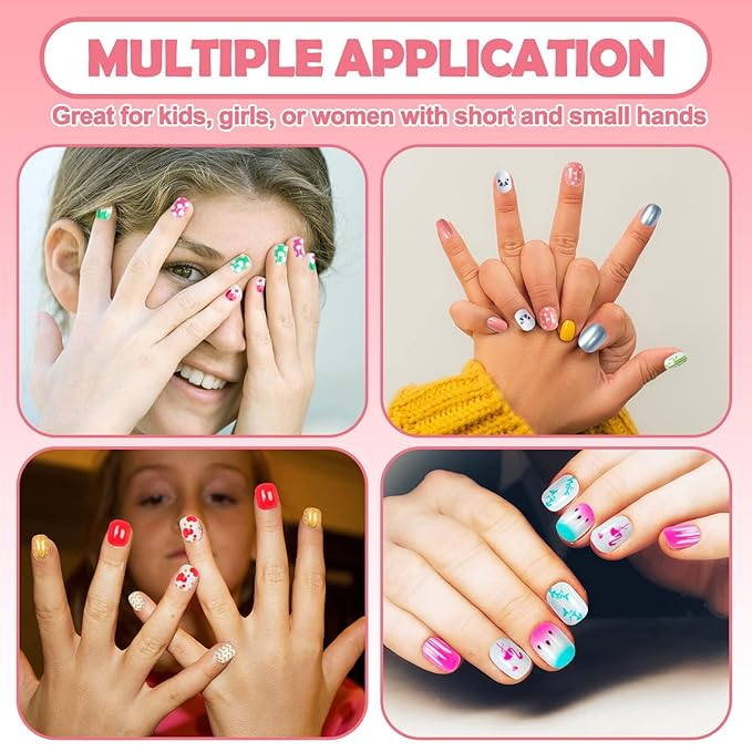 144 Pieces Fake Nails for Kids Girls Artificial Kids Press on Nails Full Cover Short Acrylic Stick On Nails False Nail Tips Kit for Children Little Girls Nail Art Decoration (Sweet Pattern)