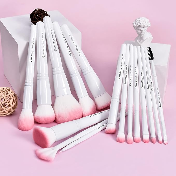 Bueart Design 16Pcs ULTRA SOFT labeled Makeup Brushes set with brush Holder face brush for Foundation Powder Blending Blush wooden Handle(16Pcs White+Pink Holder)-VivaGrace Women