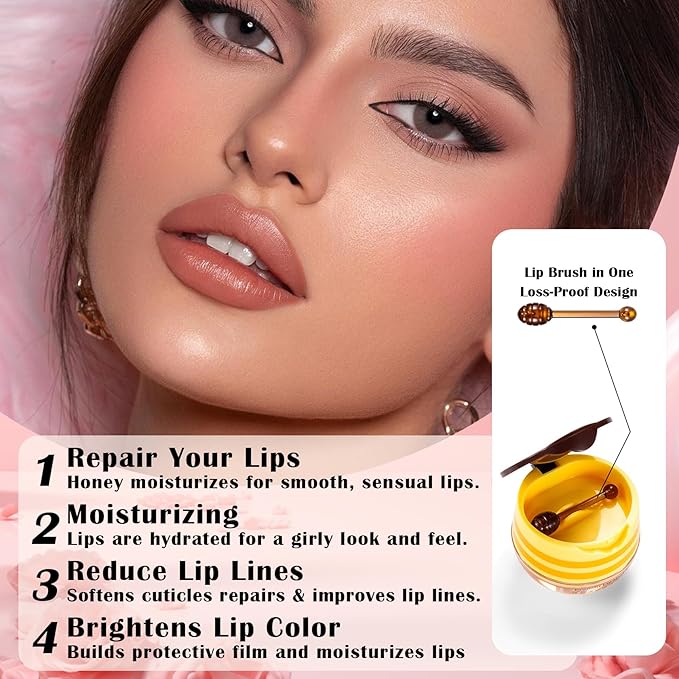 Honey Pot Lip Balm,3PCS Bee Lip Balm Honey Pot Cherry Watermelon Lip Scrub,Fade Lip Lines Prevention Dry and Cracked Lip Mask Overnight (Honey+Watermelon+Cherry)-VivaGrace Women