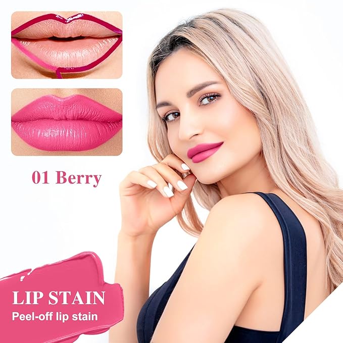 Lip Stain - Lip Stain Peel Off Long-Lasting with Matte Finish Waterproof & Transfer-Proof, Lip Liner Moisturizing & Nourishing Non-Stick Cup Highly Pigmented Color Lip Tint (01 Berry)-VivaGrace Women