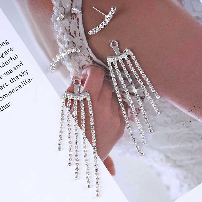 Vintage Rhinestone Chandelier Drop Earrings Crystal Ear Climber Earrings Long Tennis Chain Earrings Silver Cz Tennis Chain Tassel Earrings Jewelry for Women-VivaGrace Women