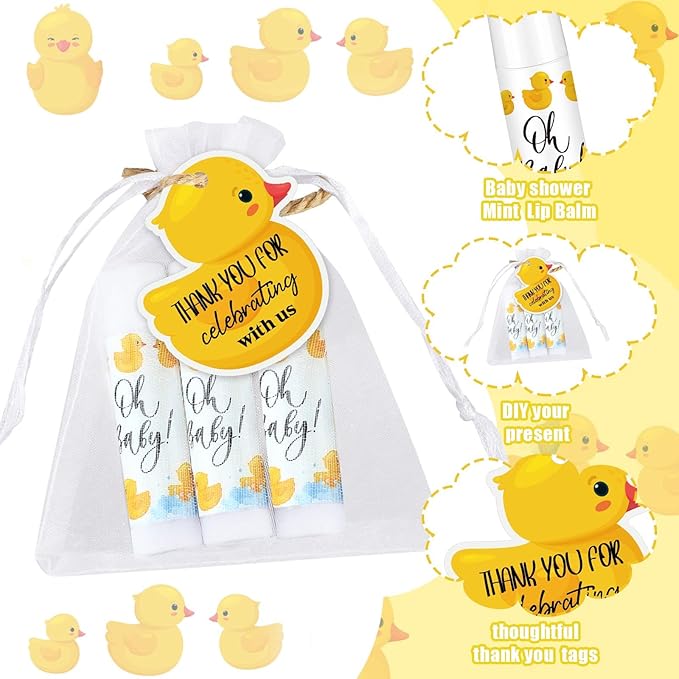 Demissle 50 Pcs Baby Shower Lip Balm Gift Set with 100 Pcs Organza Bags Baby Shower Party Favor for Guest Thank You Tag Rope Baby Shower Party Decoration Gender Reveal Souvenirs (Duck)-VivaGrace Women