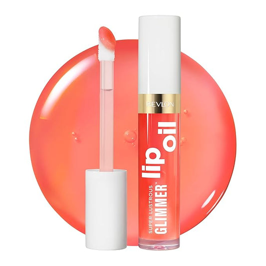 REVLON Super Lustrous Glimmer Lip Oil, Moisturizing & Tinted, Shiny Finish, Made with Plant-Based Squalane, 002 Miss Coral, 0.13 fl oz-VivaGrace Women