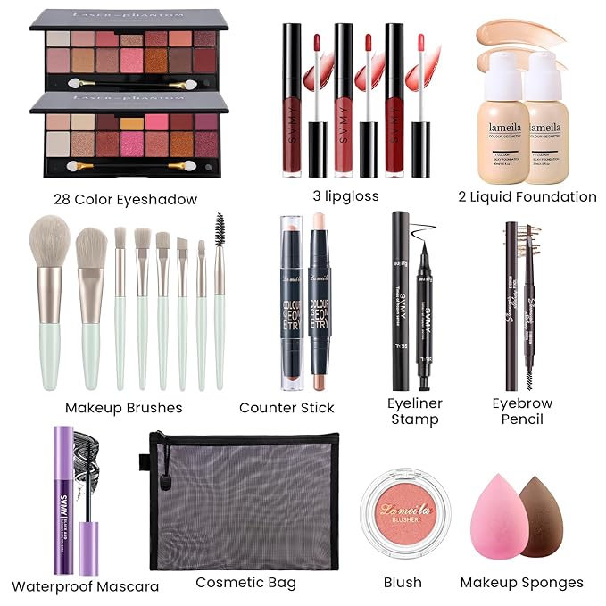 Makeup Present Set for Teen Girl Women, Travel Makeup Kit, Makeup Full Kit for Beginner, Makeup Bundle Include 2 Matte & Shimmer Eyeshadow Palettes, Liquid Glitter Eyeshadow & Eyeliner-VivaGrace Women
