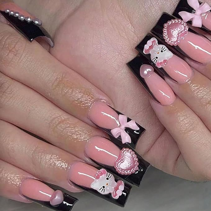 Cute Press on Nails Medium Long Black French Fake Nails Square Pink Glossy 3D Heart False Nail Tips Artificial Nails Finger Manicure for Women and Girls 24pcs