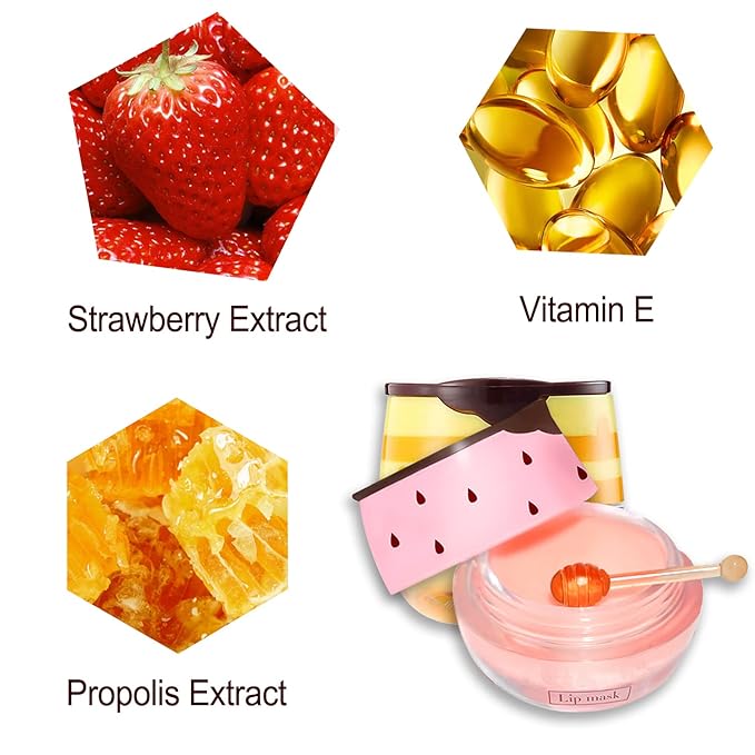 2 PCS Bee Lip Balm Lip Mask Honey Pot, Honey & Strawberry Lip Mask Propolis Moisturizing Lip Balm with Stick - Hydrating Prevention Dry and Cracked Lip Scrubs Exfoliato Lip Wrinkle Care-VivaGrace Women