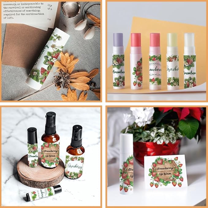 OLYCRAFT 100Pcs Self-Adhesive Lip Balm Tag Stickers 2.1x1.7 inch Waterproof Adhesive Label with Strawberry Rectangle Lipstick Tag Sticker for Lip Balm Container Tubes Lipstick Wrapping Decoration-VivaGrace Women