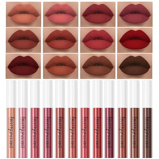 12Pcs Makeup Matte Lipstick Lip Kit, Warm Neutrals & Vintage Reds Non-Stick Cup Not Fade Liquid Lipstick Waterproof Long Lasting Durable Nude Lip Gloss Beauty Cosmetics Gift Box Makeup Set Kit-VivaGrace Women