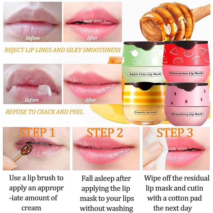 Honey Lip Balm Pot, 3 Pcs Honey & Strawberry & Watermelon Lip Mask Propolis Lip Mask Moisturizing Hydrating Prevention Dry and Cracked Lip Scrubs Exfoliator-VivaGrace Women