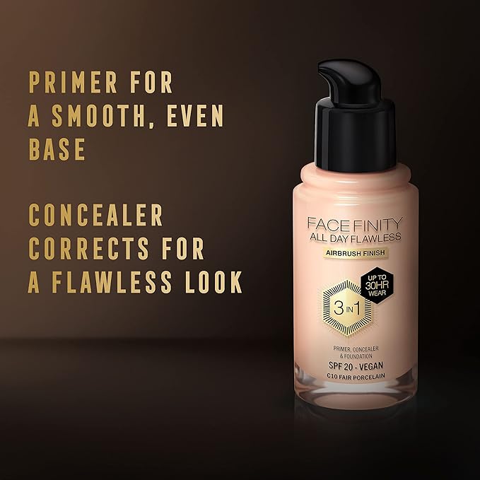 Max Factor Facefinity 3-in-1 All Day Flawless Liquid Foundation, SPF 20-10 Fair Porcelain, 30 ml-VivaGrace Women