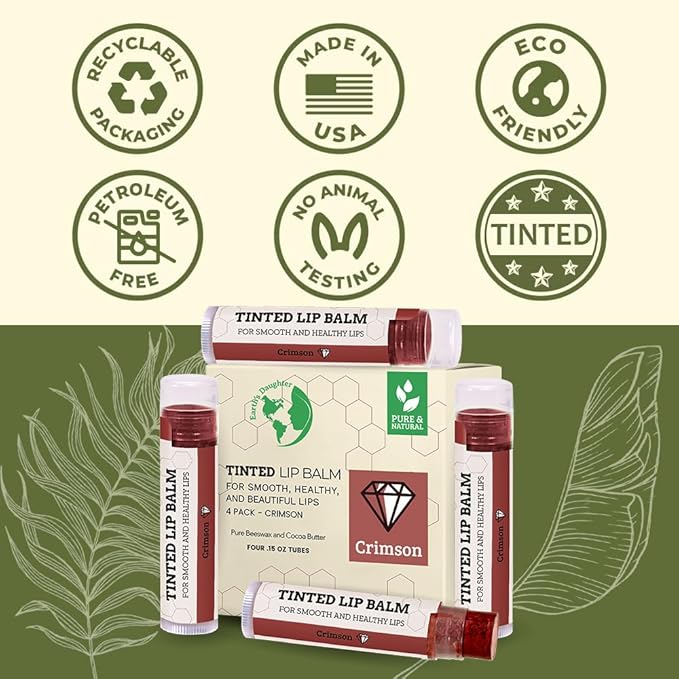 Tinted Lip Balm by Earth’s Daughter – 4 Pack of Crimson Color – Beeswax, Coconut Oil, Cocoa Butter, Vitamin E – Moisturize and Beautify – Paraben Free-VivaGrace Women
