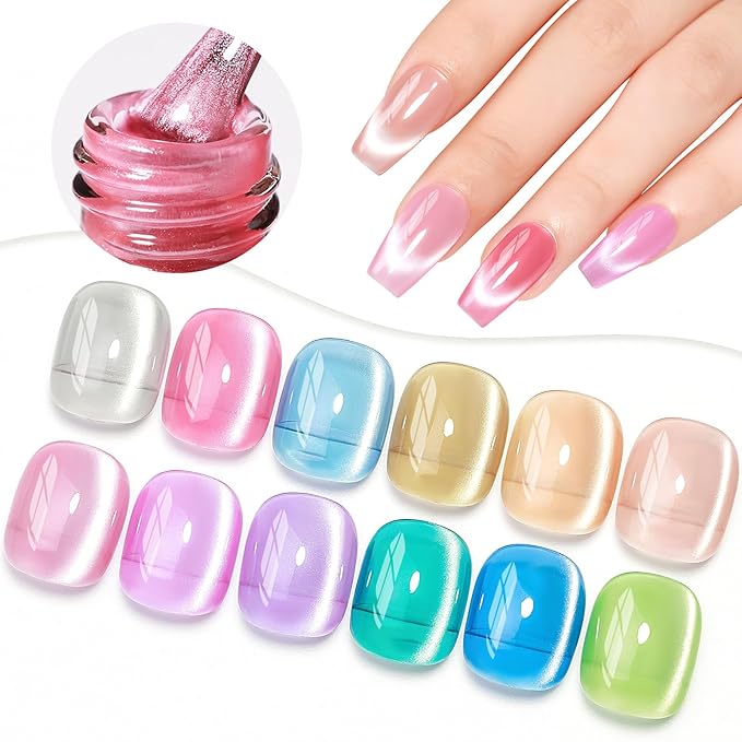 Cat Eye Gel Nail Polish - 12 Colors Silk Cateye Nail Polish Gel with Magnetic Stick Ceramic Moonlight Magnetic Gel Polish High Glossy Shine Effect Nail Art Manicure Home DIY for Women Girl
