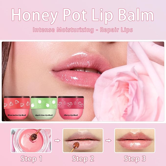 3 Pcs Bee Lip Balm Honey Pot, Cherry Watermelon Apple Lip Mask Overnight, Moisturizing Lip Sleeping Mask, Hydrate Repair Prevent Dry Cracked Lip Exfoliator Lip Care (Cherry+Watermelon+Apple Lime)-VivaGrace Women