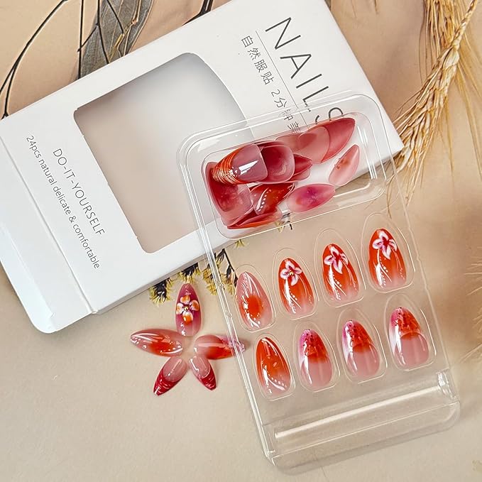 24Pcs Red Flower Press on Nails Medium Almond French Tip Fake Nails with 3D Gilding Rhinestones Design Spring Summer False Nails Full Cover Artificial Glue on Nails Handmade Stick on Nails for Women