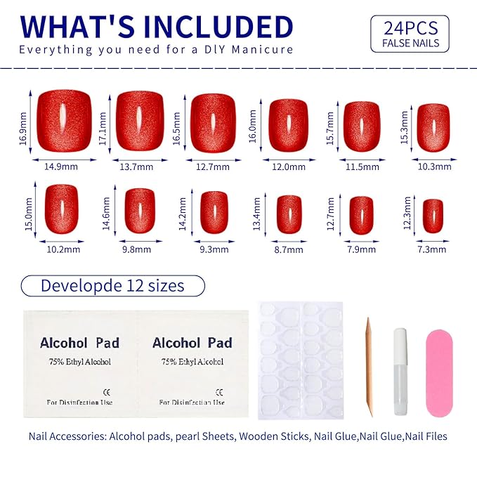 Red Press on Nails Short Square, Cat Eye Press on Nails, Fashion Gel Fake Nails, Reusable Acrylic Fake Nails, Glossy Stick on Nails for Women Girls Gift, Glue on Nails Kit, 24 Pcs, Ruby Flash