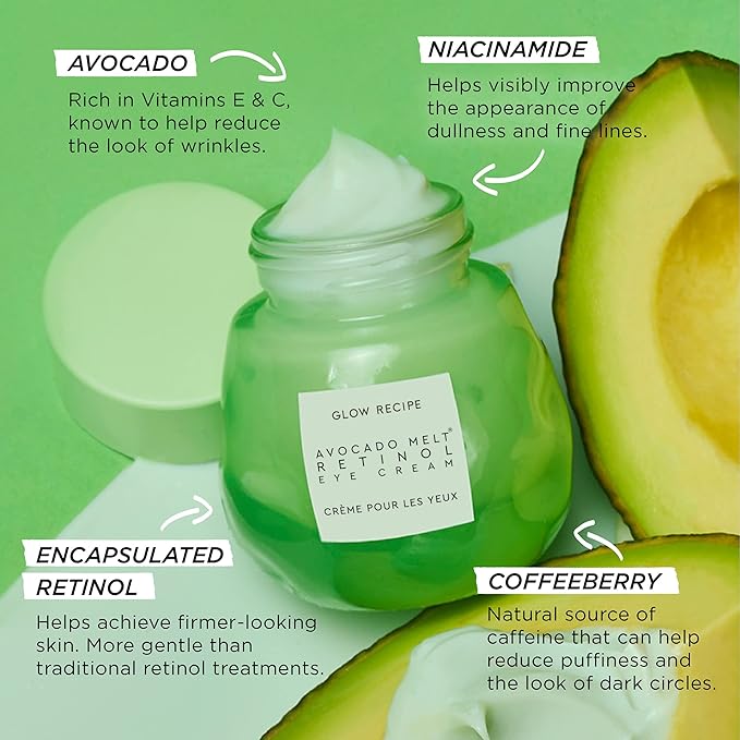 Glow Recipe Avocado Retinol Eye Cream for Wrinkles - Overnight Under Eye Cream for Dark Circles, Firming & Brightening Dull, Puffy Eyes - Time Release Niacinamide & Caffeine Eye Cream (15ml)-VivaGrace Women