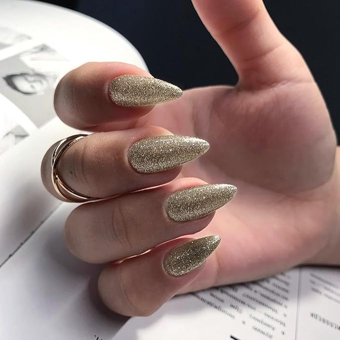 KQueenest Light Gold Press on Nails Cute, Glitter Press on Nails Almond Medium, Bling Sparkle Fake Nails Press ons, Luxury Shiny Glue on Nails Medium, Festival Stick on Nails For Women Wear in 24 Pcs