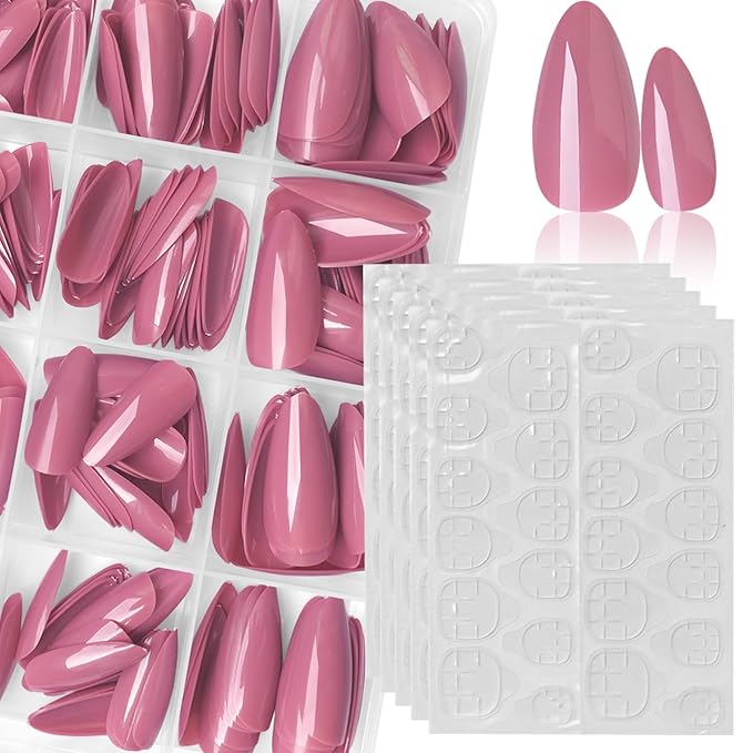 LoveOurHome 240pc Almond Press-on Medium Fake Nail Tips - Full Cover Lotus Pink Artificial Fingernails - Short Stiletto Nails - Press-ons with Glue & Adhesive Tabs