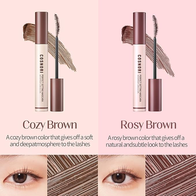 COSNORI Perfect Setting Waterproof Mascara Long&Curl 03 Rosy Brown – Long Lasting Smudge - Red Brown Mascara - Perfect for Auburn Hair & Hazel Eyes - K beauty - 0.23fl oz (7ml)