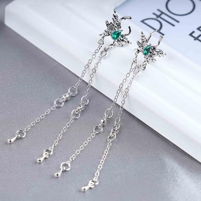 Vintage Emerald Butterfly Earrings Silver Chain Tassel Drop Earrings Butterfly Emerald Stud Earings Long Cz Chain Earrings Jewelry for Women and Girls-VivaGrace Women