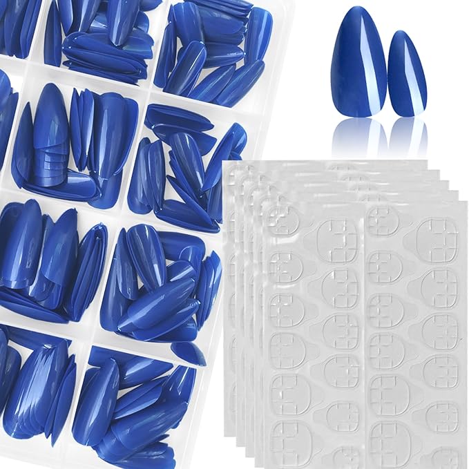 LoveOurHome 240pc Almond Press on Nails Medium Length Blue Fake Nail Tips Full Cover Artificial Fingernail French Short Stiletto Glue Nail Press ons with Adhesive Tabs for Women Girls