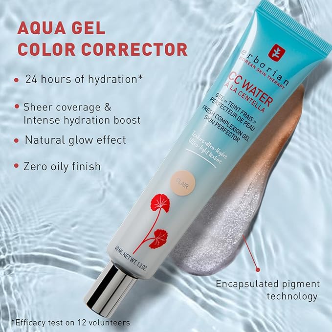 Erborian CC Water with Hyaluronic Acid, Doré - Ultra-Light Aqua Gel Color Corrector with Centella Asiatica & Hyaluronic Acid - Plump, Softer & Hydrated Skin - Korean Skincare Skin Perfector - 1.3 Oz-VivaGrace Women