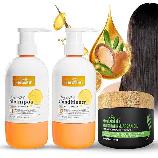 Herbishh Argan Hair Mask (150ml) + Argan Oil Shampoo & Conditioner (16.9 fl.oz Each) Hair Care Set – Deep Cleansing & Hydration, Ideal for Repairing Dry, Frizzy & Colored Hair – Sulfate & Paraben Free-VivaGrace Women