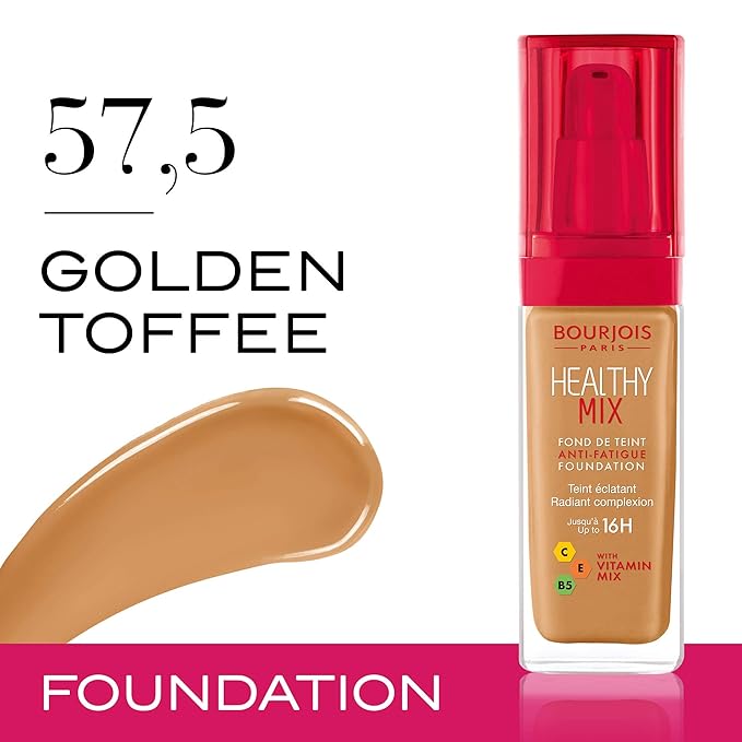 Bourjois Healthy Mix Anti-Fatigue Medium Coverage Liquid Foundation 57.5 Golden Toffee, 30ml-VivaGrace Women